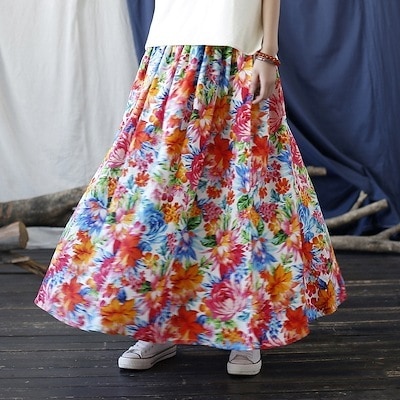 オリジナル亜麻彩花百合半身スカート女夏ロングスカートウエスト文芸風大振り子スカート