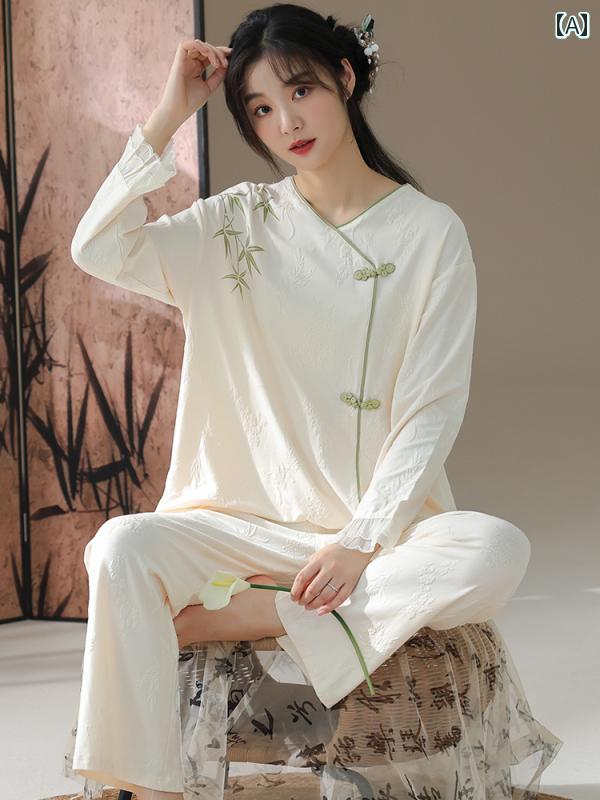 ママ　パジャマ　レディース Langsha チャイナ風 パジャマ レディース 春秋 スタイル 秋 綿の 長袖 2025 チャイナ風 ホーム 服 スーツ 4,980円