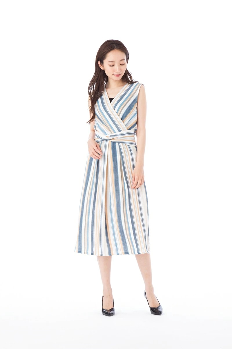 ファス(FAS)ワンピース T1 T2 T3サイズ ノースリーブ Vネック 膝丈 ワンピース 上品 大きいサイズ 大人ワンピース レディース　Fille A Suivre