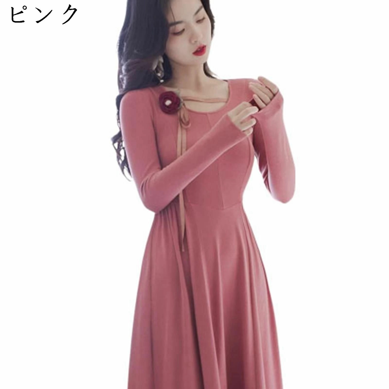 フランス式 ニットワンピース レディース 秋冬 防寒 暖かい 柔らか生地 ストレッチ スリム aライン 着痩せ ロングワンピース 膝下長 エレガント きれいめ 花柄 お呼ばれ デート 結婚式 旅行