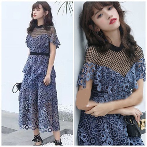 ロマンティック 花柄 クロシェレースドレス ハイウエスト メッシュレース ロング 半袖 結婚式 二次会 J-004 7,364円