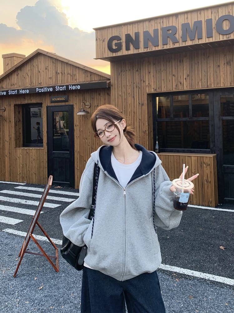 ストレート系レディースゆったりサイズシルエットスリーブトラック チャック韓国羽織りショート丈フルルーズサイドフーディールーズボトムス パーカー 秋冬 フード付き 2025 トップス 4,319円