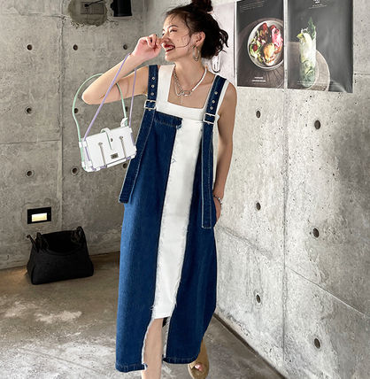 デニムサスペンダースカート デニムワンピース. デニム サスペンダースカート デニムワンピ. レディース バイカラー ツートーン ドレス ワンピース. モード系 オシャレ ママコーデ