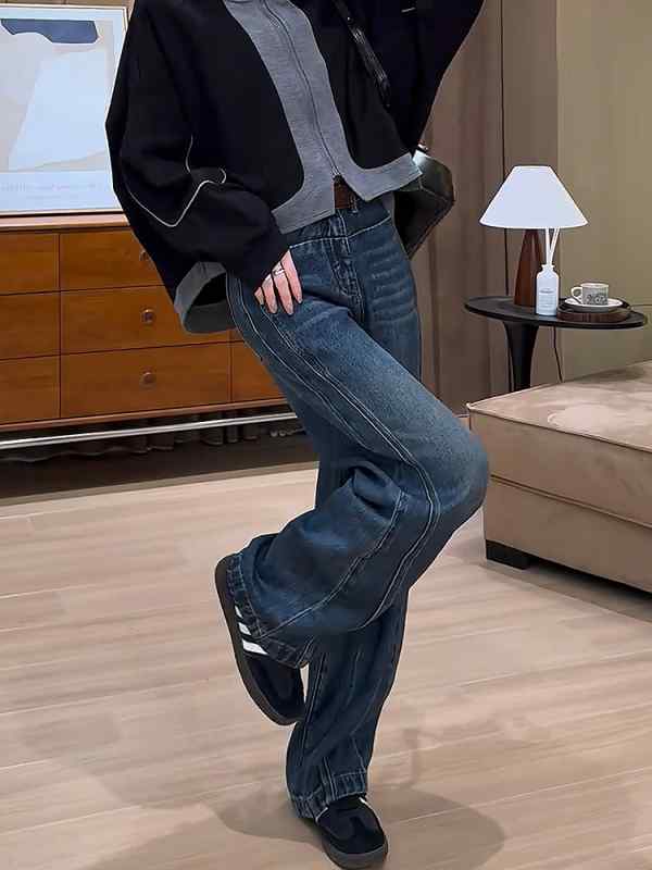 レディース ファッション オシャレ カワイイ シンプル 人カワイイ きいサイズ ハイウエスト ストレート ワイド レッグ ジーンズ スリム ロング パンツ