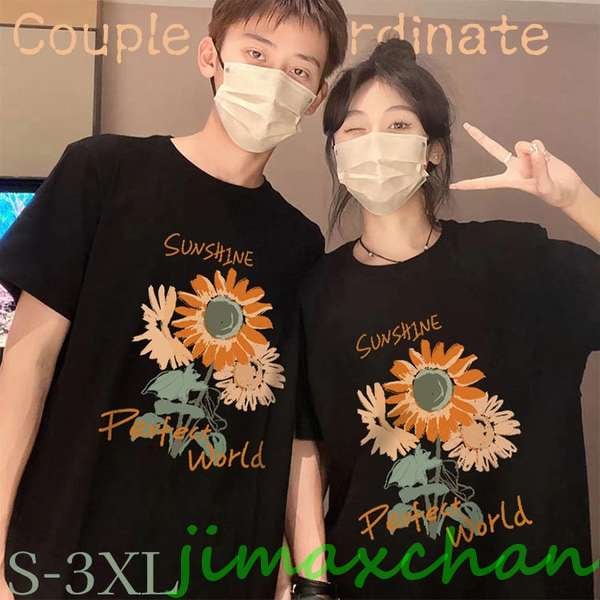 新生活 【2枚セット】カップル ペアルック tシャツ 夏 半袖 向日葵 ペアルック tシャツ 夏服 ペア 夫婦 オーバー サイズ ゆったり カップル ローズ リンクコーデ