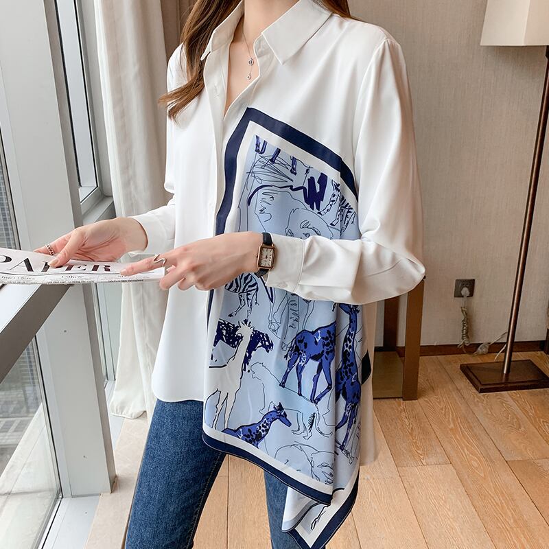 トップス シャツ レディース スカーフ ロング 丈長 長袖 ラウンドネック ポロカラー フレア シフォン ボタン 大人可愛い きれいめ カジュアル 上品 おしゃれ レトロ こなれ感 ラフ ルーズ 個性