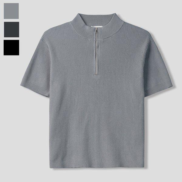 メンズハーフジップ半袖ニットTシャツ GN-KNH-Q018-グレー