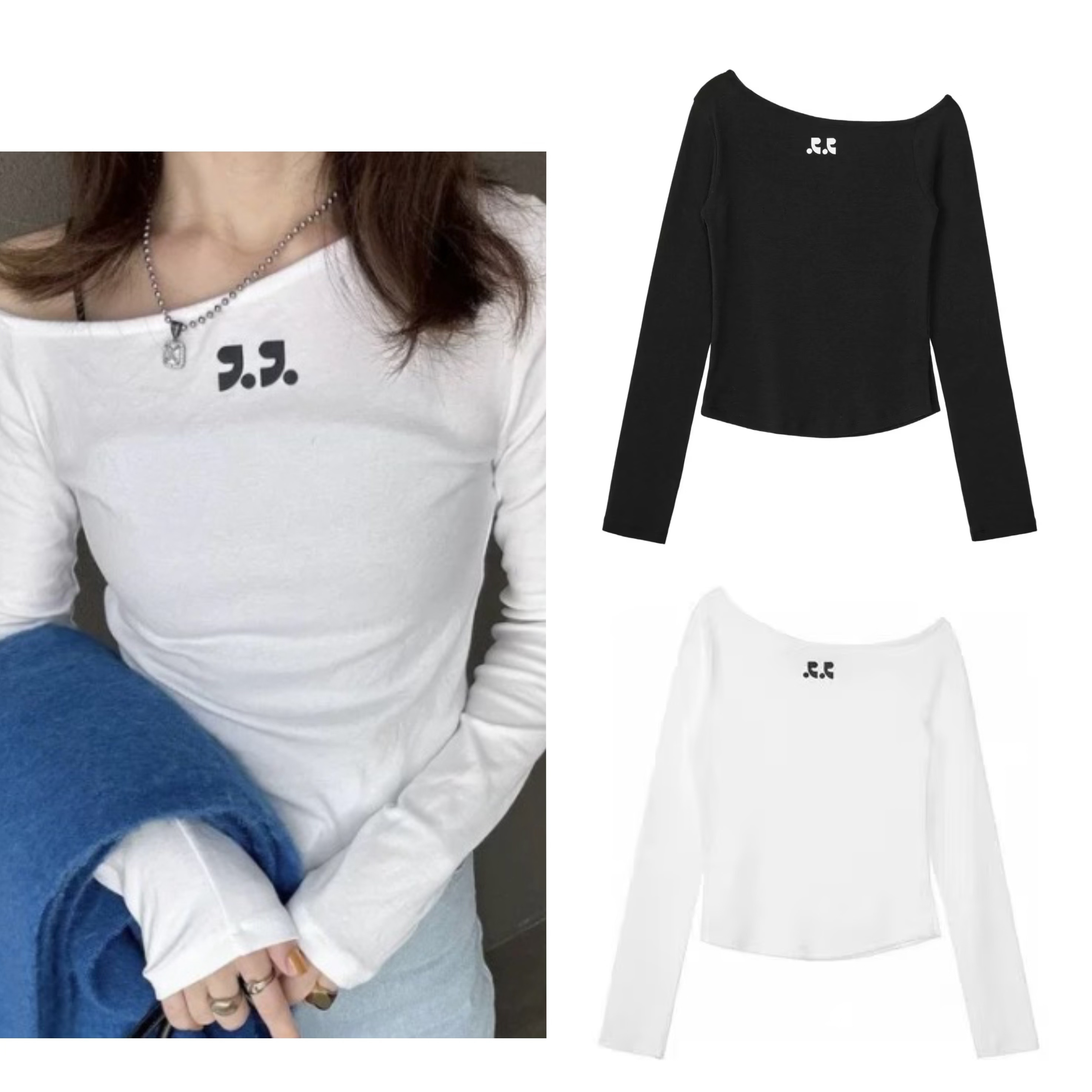 【即納】 ONE SHOULDER 長袖 Tシャツ 韓国 人気 ワンショルダー Tシャツ（ホワイト&ブラック）