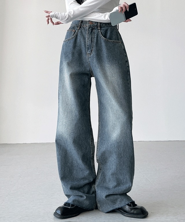 [~3XL] ロッキー 湖 ウォッシング ワイド ストレートフィット デニム パンツ