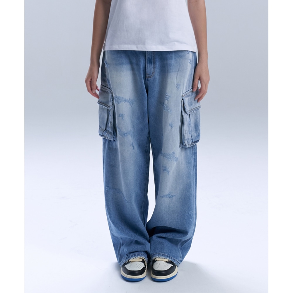 ROCKCAKE ダメージカーゴジーンズ-ブルー