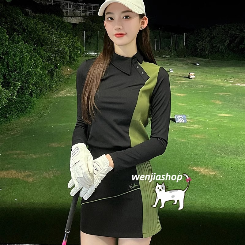 ゴルフウェア 2025 春秋 秋服 レディース スポーツウェア トップス Tシャツ 長袖 スカート ミニスカート 上下セット 黒緑 セットアップ 春 女性 テニスウェア 速乾 韓国風 おしゃれ