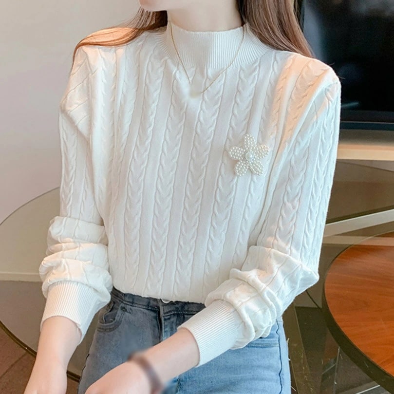 OFFクーポン ケーブル編み ニット セーター 秋冬 ハイネック インナー レディース 長袖 秋 冬 春 カットソー 秋ニット お花付き プルオーバー ニットトップス ビジネス 通勤 シンプル 秋セー