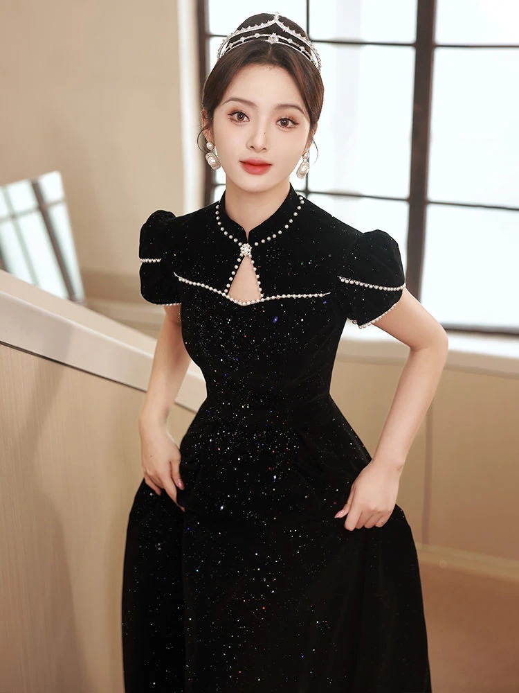 黒のイブニング ドレス スカート女性の宴会気質ハイエンド パフォーマンス パフォーマンス テスト長いセクション