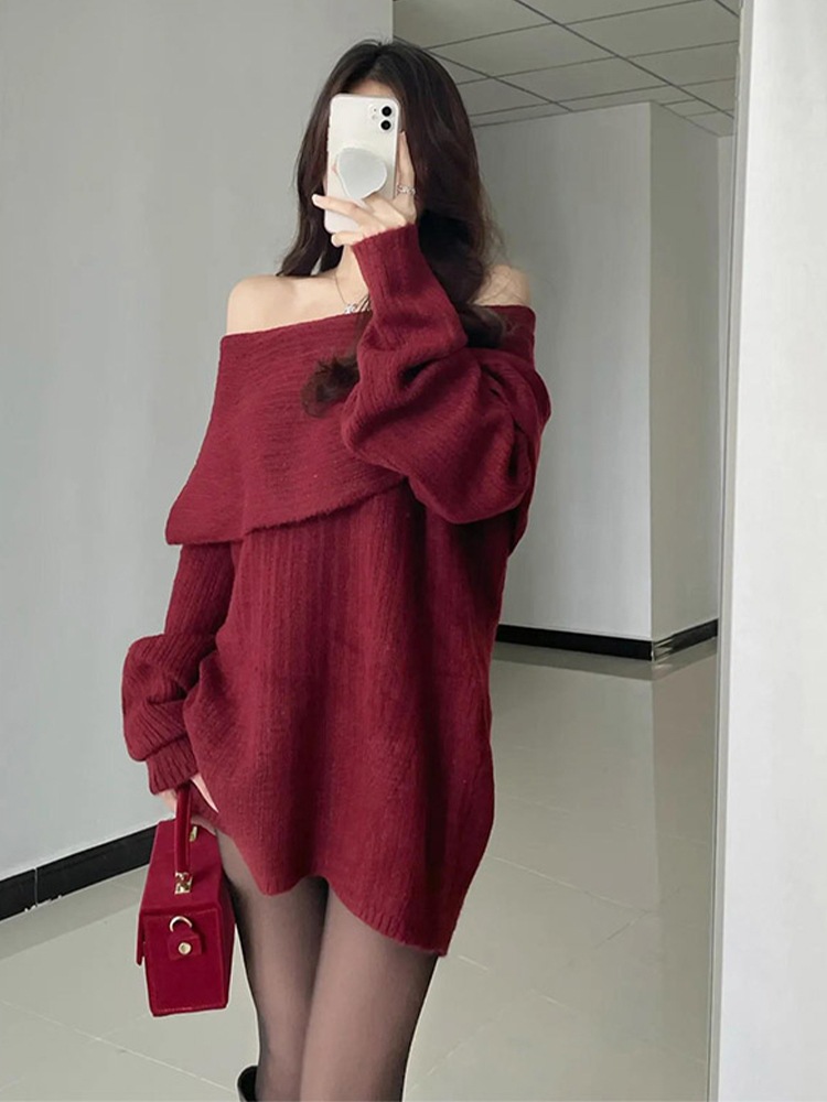 赤いセーターのドレスのサブシーズン2023新しい初秋のワンショルダー李チャチータイ長袖女性