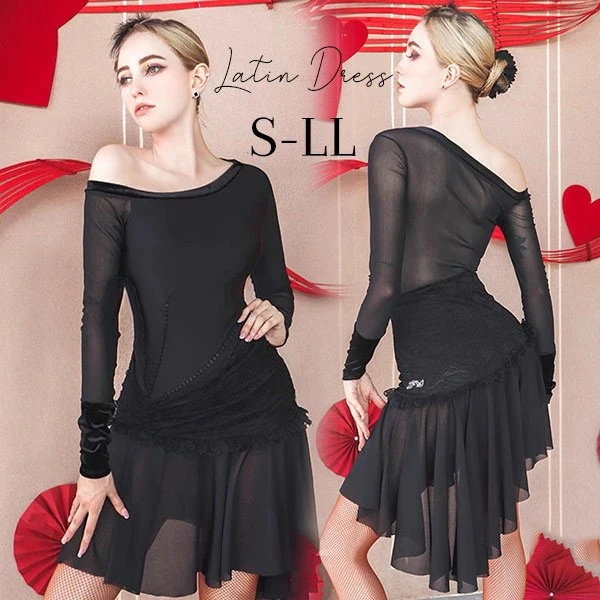 激安価格！ラテン 衣装 ラテンドレス 社交ダンス衣装 ダンスウエア 黒 豪華なドレス チャチャ サンバ スリム ブラック ミモレ丈 豪華 ステージ衣装 レディース ドレス ラテンダンス 舞踏会 演出用