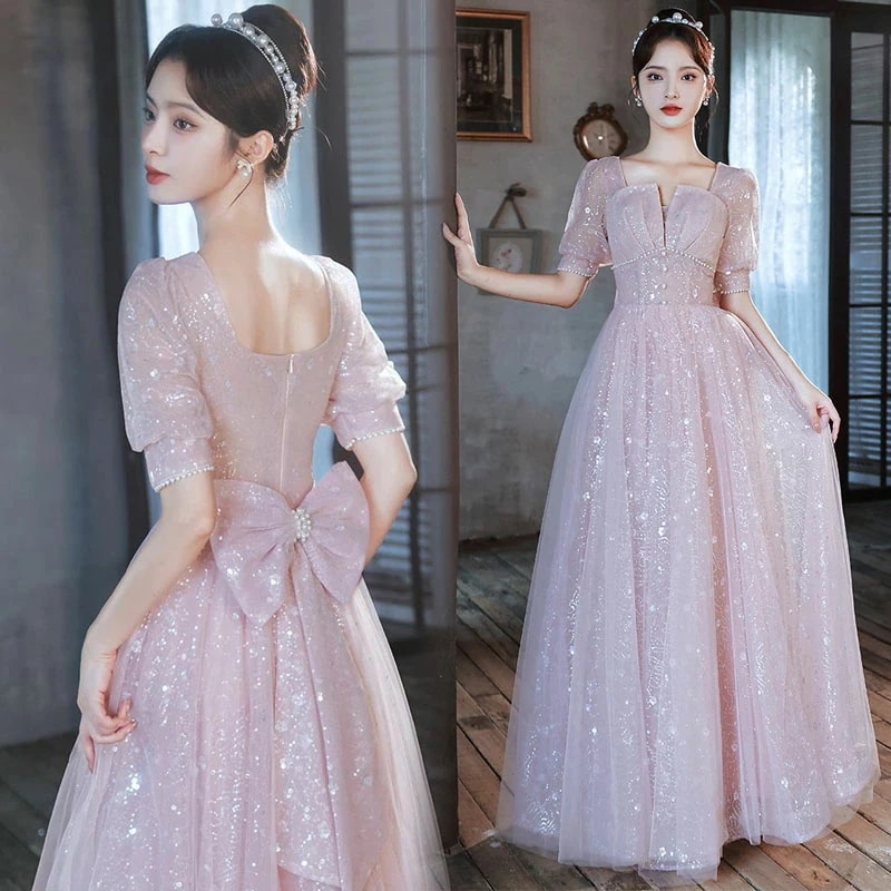 新品登場 結婚式ドレス 二次会ドレス ピンク バックリボン パールボタン 可愛い お呼ばれドレス ロングドレス パーティードレス パフスリーブ イブニングドレス キラキラドレス スパンコール 発表会ド