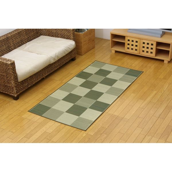 日本製 い草 花ござ/ラグマット (ブロック柄 グリーン江戸間1畳 約87×174cm) 裏：ウレタン 防傷 抗菌 防臭 調湿 (リビング)