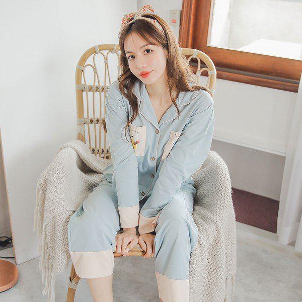 空 長袖 襟付きツーピース 春秋 女性用パジャマ 上下セット スカイブルー_P313780006