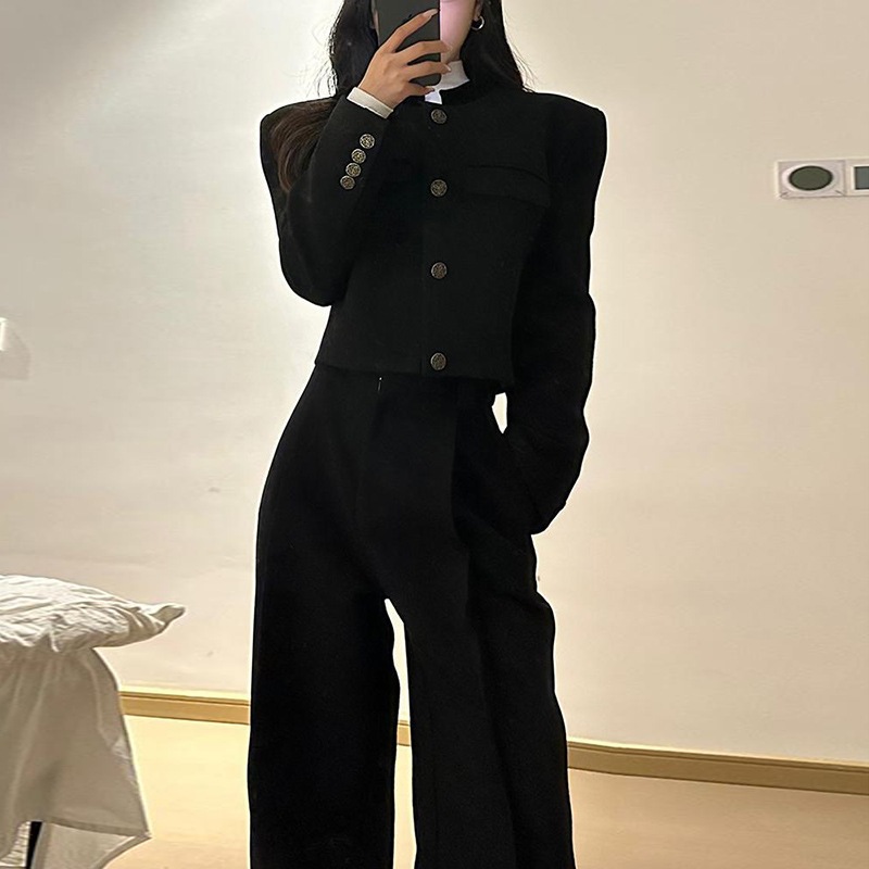 レディース秋春ツーピースセット：ゆったりとしたスリムなウールコートとハイウエストパンツで相続人風ルック