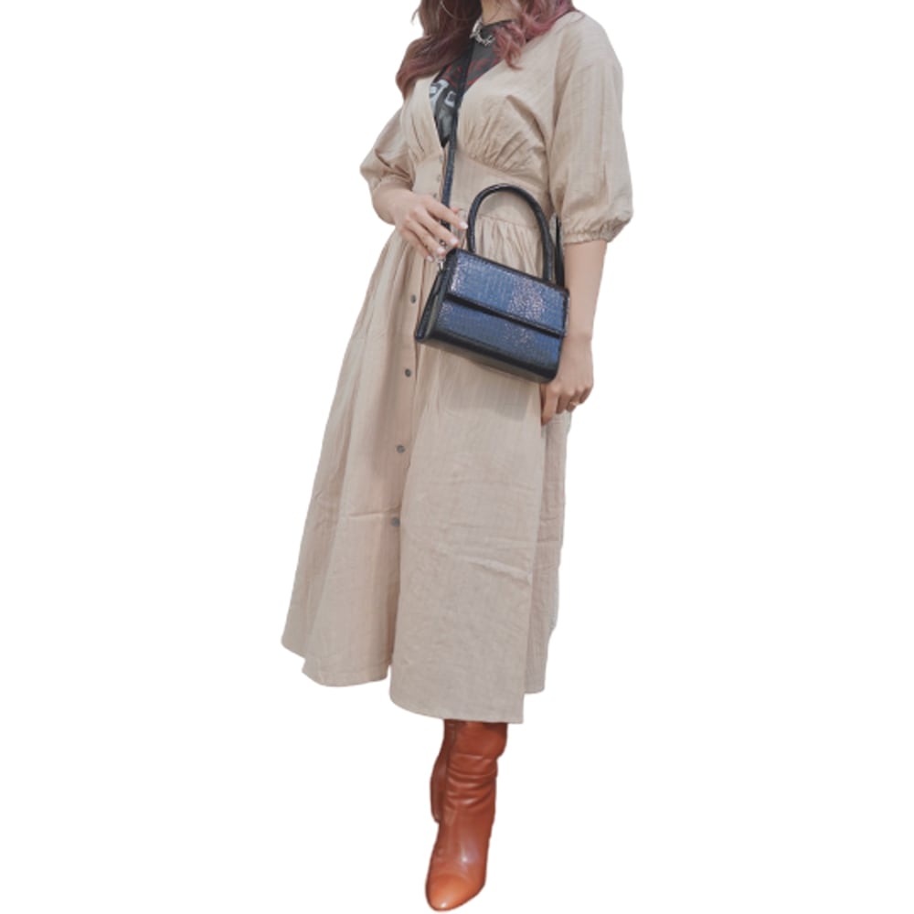 V-Neck Puffsleeve Flare Long Onepiece (beige) A,D,G レディース