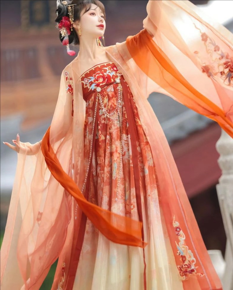 華やか漢服 古典美人服 唐装 華流衣装 中華古代服 中華服 夏着 チャイナ服 中華 華麗 花柄 刺繍柄 チャイナ プリント柄 舞台衣装 ステージ衣装 グラデーション チャイナドレス イベント 仮装