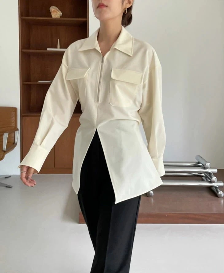 長袖 シャツ レディース 春 秋 襟付きシャツ ハーフジップ 胸ポケット カジュアル ホワイト ブラック 白 黒 長袖シャツ トップス 長袖トップス シック 韓国ファッション 5,107円