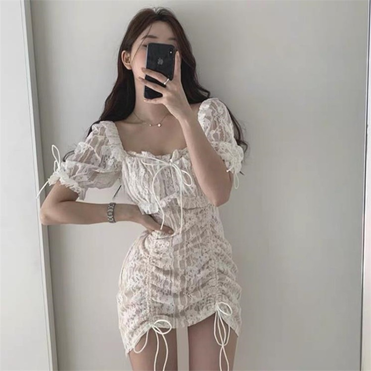 人気沸騰韓国ファッション セクシー 気質 スリムフィット レース 半袖 大きなUネック バッグ