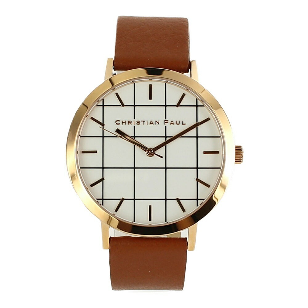クリスチャンポール メンズ レディース 腕時計 手表 43mm グリッド 格子柄 チェック ホワイト ブラウンレザー 茶色 天然皮革 GR-06 誕生日プレゼント ポイント消化