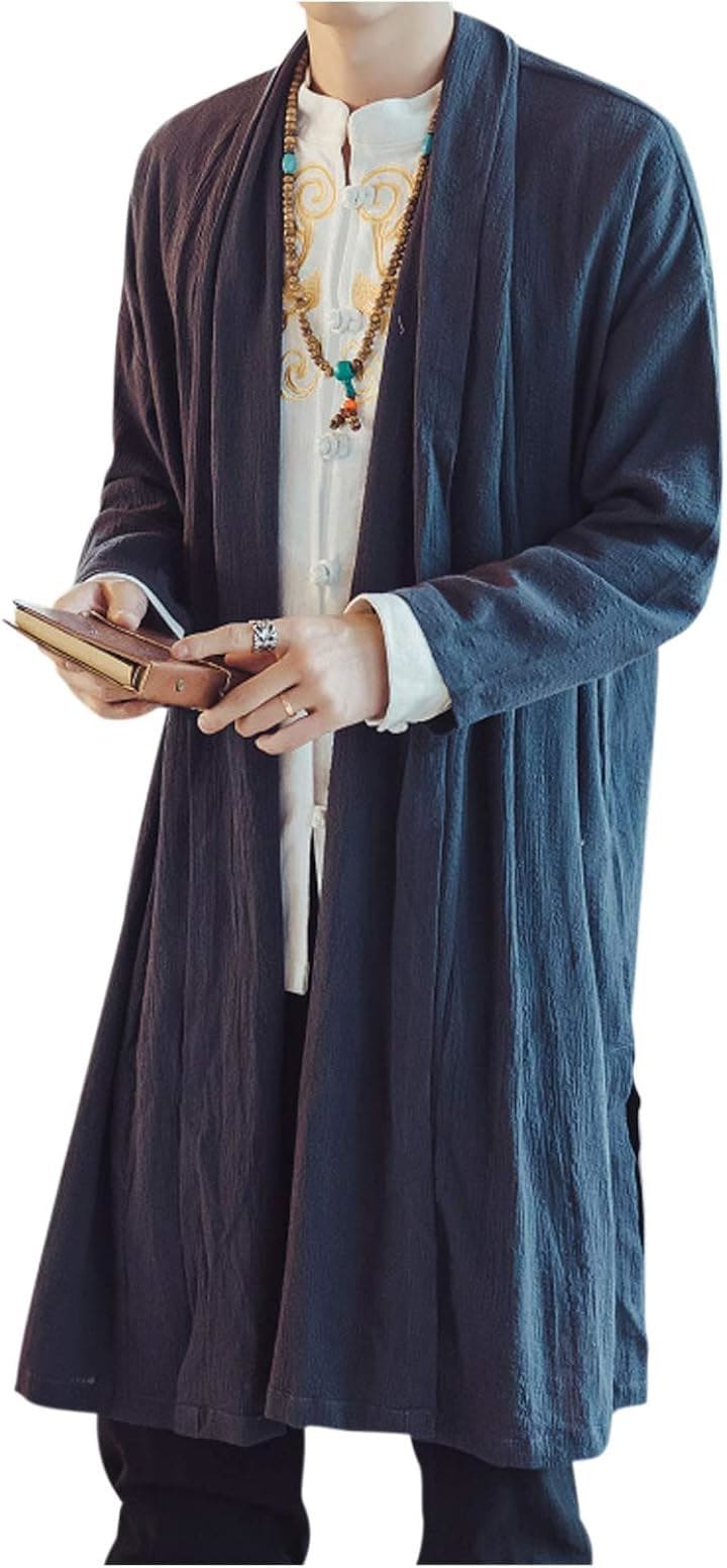ロングカーディガン コーディガン ジャケット ガウン 襟なし 無地 長袖 薄手 軽量 羽織 和風 メンズ(ネイビー, L) 4,658円