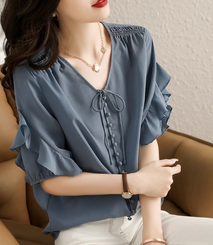 トップス デート モテアイテム シャツ ブラウス 七分袖 シフォン リボン クロシェ 可愛い きれいめ 上品 おしゃれ かっこいい 可愛い ラブリー キュート ガーリー クール モード系