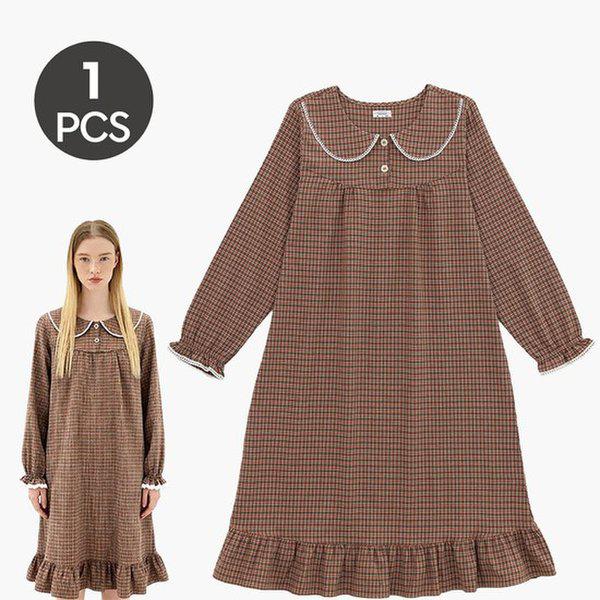 女性ロングワンピースパジャマ寝巻き綿起毛長袖先染め冬ホームウェアお母さんプレゼント