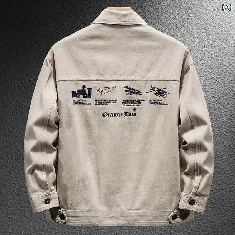 メンズ ファッション ワークウェア デニムジャケット 春秋 アメリカン 刺繍 大きいサイズ コットン カーキ カジュアル ジャケット