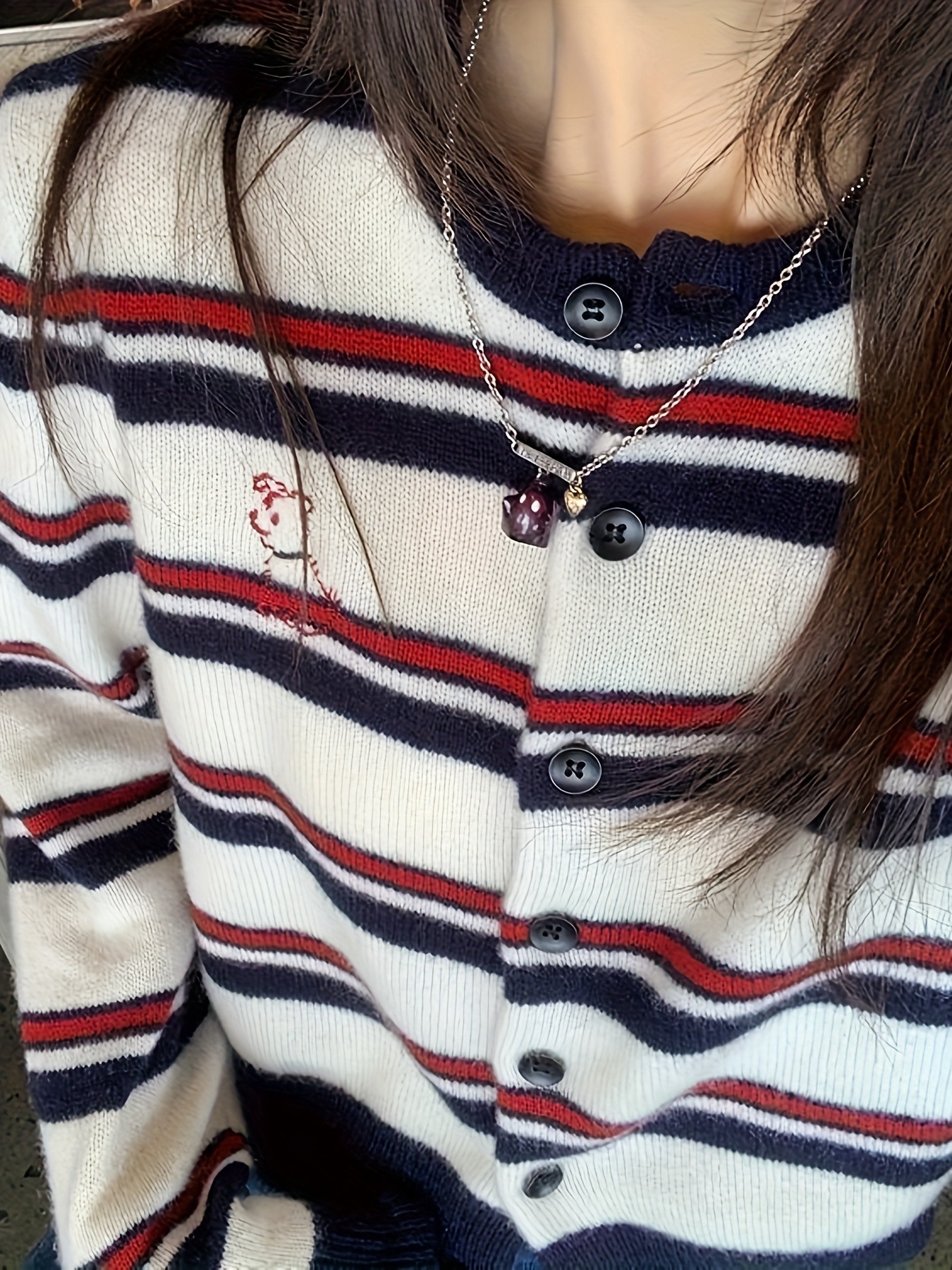 レディース ストライプ カラーブロック 刺繍カーディガン - ソフト ルーズフィット セーターコート 秋冬向け カジュアルエレガント ショートトップス 洗濯機洗い可