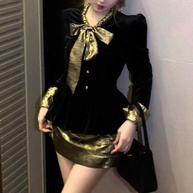 フレンチスタイルのベルベット素材のレディーススーツ春と秋蝶ネクタイウエストを絞った長袖シャツとペンシルスカートのツーピースセット