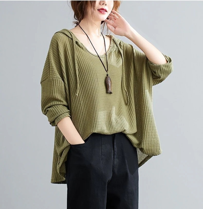 トップス オーバーサイズ カットソー マタニティ ママ ゆったり フード付き Tシャツ シャツ プルオーバー ミディアム丈 袖あり 7分袖 七分袖 ラウンドネック 襟なし ワイド かわいい 大人可愛い