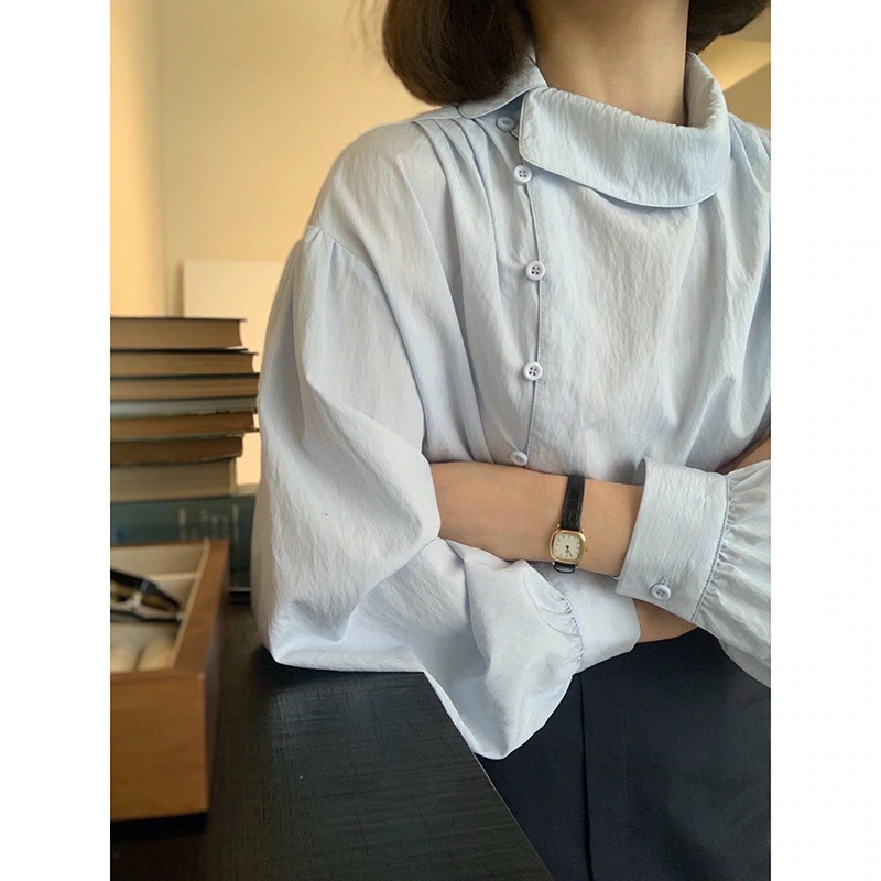 シンプル アシメ アシンメトリー トップス Tシャツ シャツ ブラウス 白シャツ 白トップス 袖あり 長袖 ハイネック タートルネック 襟付き スマート ボタン かわいい 大人可愛い きれいめ