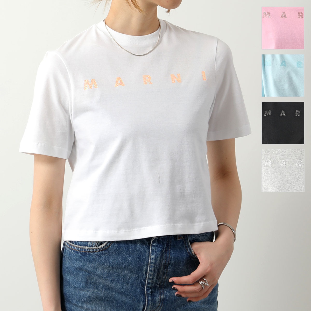 MARNI KIDS マルニ キッズ Tシャツ M01027 M00NE クロップド丈 半袖 カットソー ロゴT ラメロゴ クルーネック コットン カラー5色