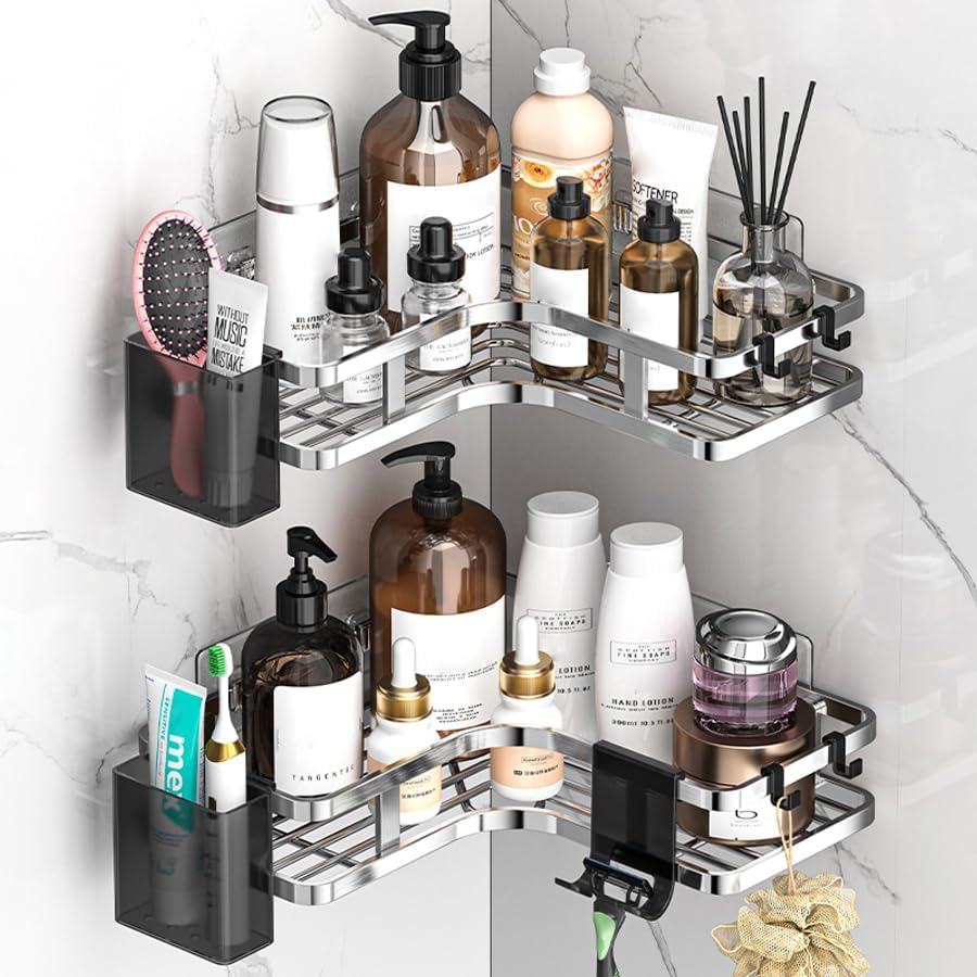 シャワーラック ステンレス 2段 シルバー 強力粘着固定 幅25x奥行25x高5CM 浴室 洗面所