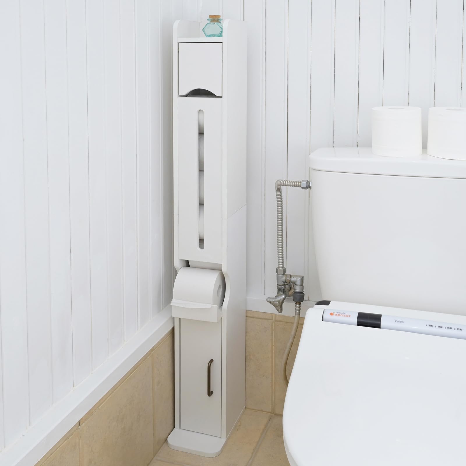 全国送料無料 山善(YAMAZEN) トイレラックトイレットペーパー 収納 スリム 棚 ラック トイレ 幅15.5×奥行21×高さ120.5cm 組立品 ホワイト 木目調 FTR-S(WH)