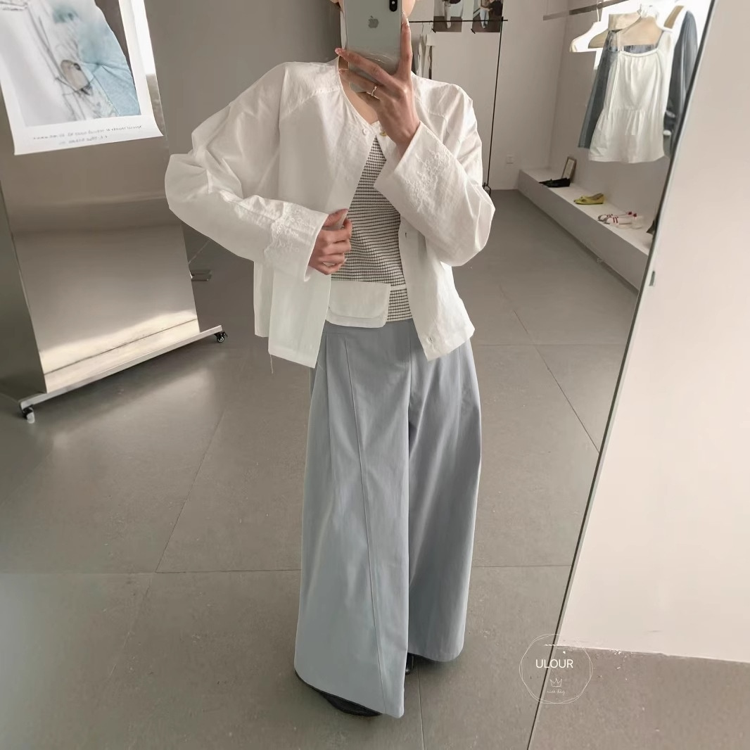 11 U穀物韓国のカジュアルシンプルなストライプサスペンダーベスト +丸いネックシャツジャケット女性の春と秋のスーツ用の2ピースセット r n1001-海の青 r n1002-かわいい r n2