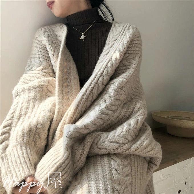 ニットカーディガン レデイース アウター 長袖 ロング丈 無地 ロングカーディガン 前開き 羽織り ケーブル編み レトロ 厚手 シンプル 通勤 暖かい 秋新