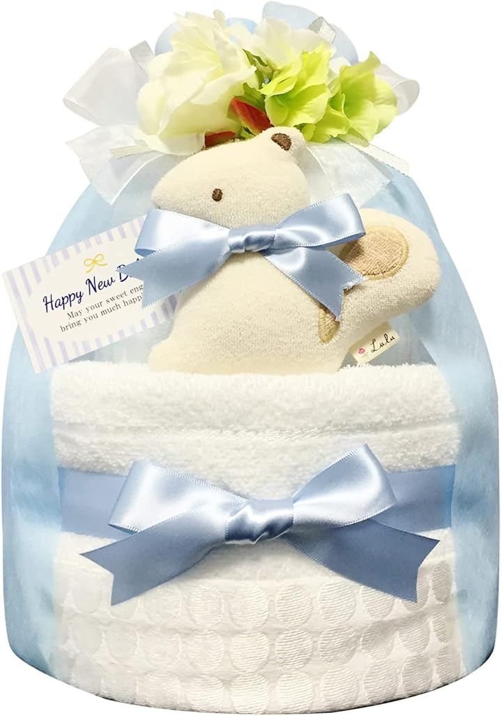 おむつケーキ 男の子 今治 オーガニック 出産祝い 2段 (ブルー, Sサイズ(x 22))
