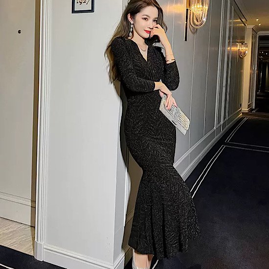 【取寄：納期2週間】結婚式ドレス 深Vネック セクシー マーメイド スレンダー スタイルアップ 発表会 演奏会 レディース タイト 結婚式 ステージ衣装 ロング丈 エレガント ウエディングドレス 7,480円