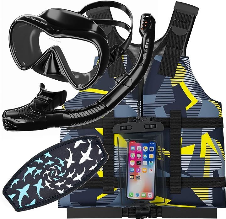 シュノーケル・マスク・ライフベスト3点セット 防水スマホケース マスクのストラップカバー付き(Fセット)