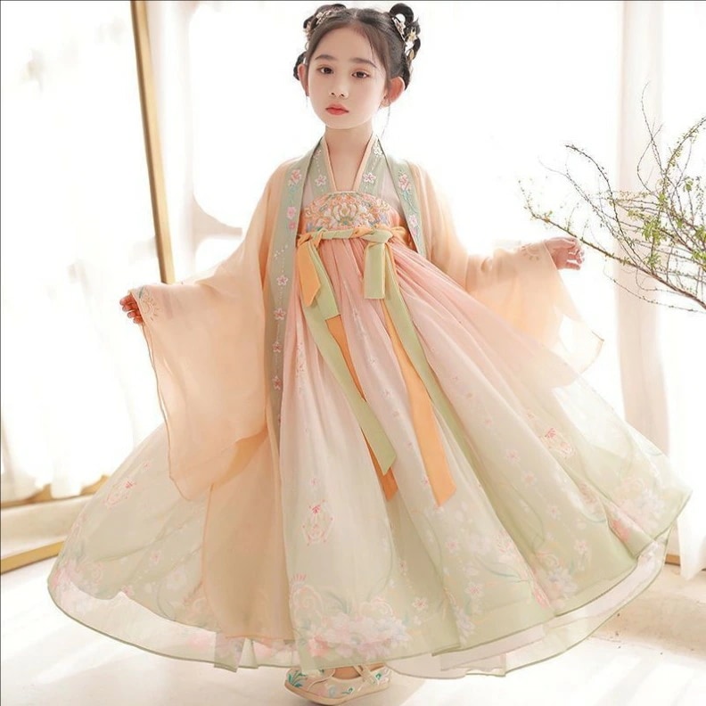 子供漢服衣装 子供唐装 キッズ漢服 中華古代服 刺繍柄 シーフォンワンピース 女の子 舞台衣装 ステージ衣装 団体服 中華服 グラデーション チャイナ服 中華風 民族風 華流衣装 イベント 仮装 コ