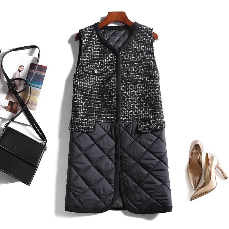 アウター レディース ダウンジャケット ツイードジャケケット ロング 袖なし ノースリーブ Vネック 前開き 切り替えデザイン ドッキング 異素材ミックス 中綿 ツイード 大人可愛い 上品 おしゃれ