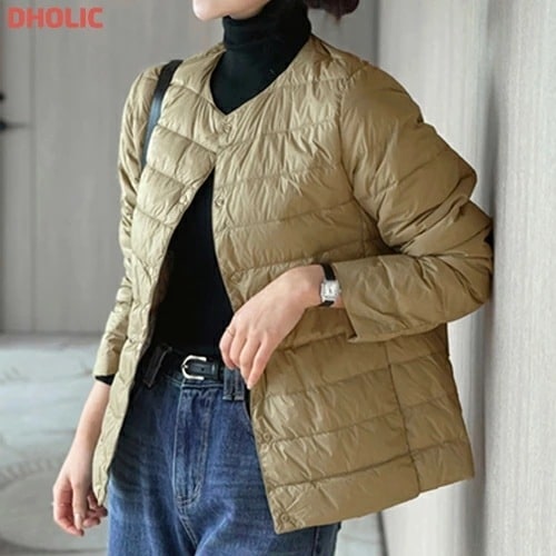 ポーチ付2TYPEダックダウンラウンドネックVネック長袖スナップボタンジャンパーベスト軽量ダウンジャケット・1941278