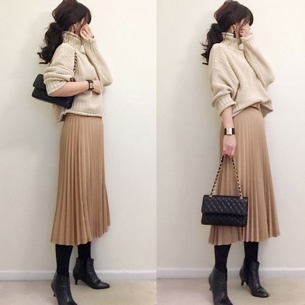 【楽天人気アイテム】おしゃれ度アップ シンプル 長袖 ハイネック ニット スカート 無地 プリーツ 2点セット