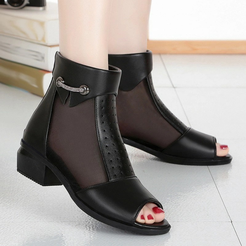 1000円OFFクーポン サマーブーツ チャンキーヒール サンダル オープントゥ メッシュ 美脚 黒 ローヒール バッグジッパー 4cmヒール 歩きやすい 痛くない 大きいサイズ ブーツサンダル 春夏