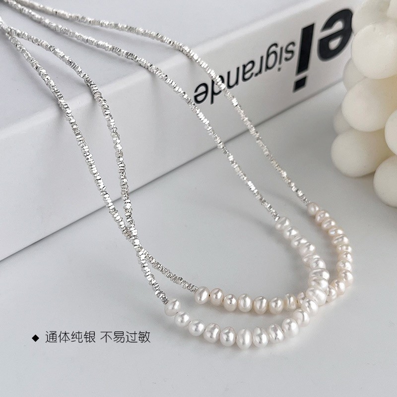 S925スターリングシルバーネックレスシルバーとパールのピースレトロでファッショナブルな新しいスタイルパッチワーク鎖骨チェーン